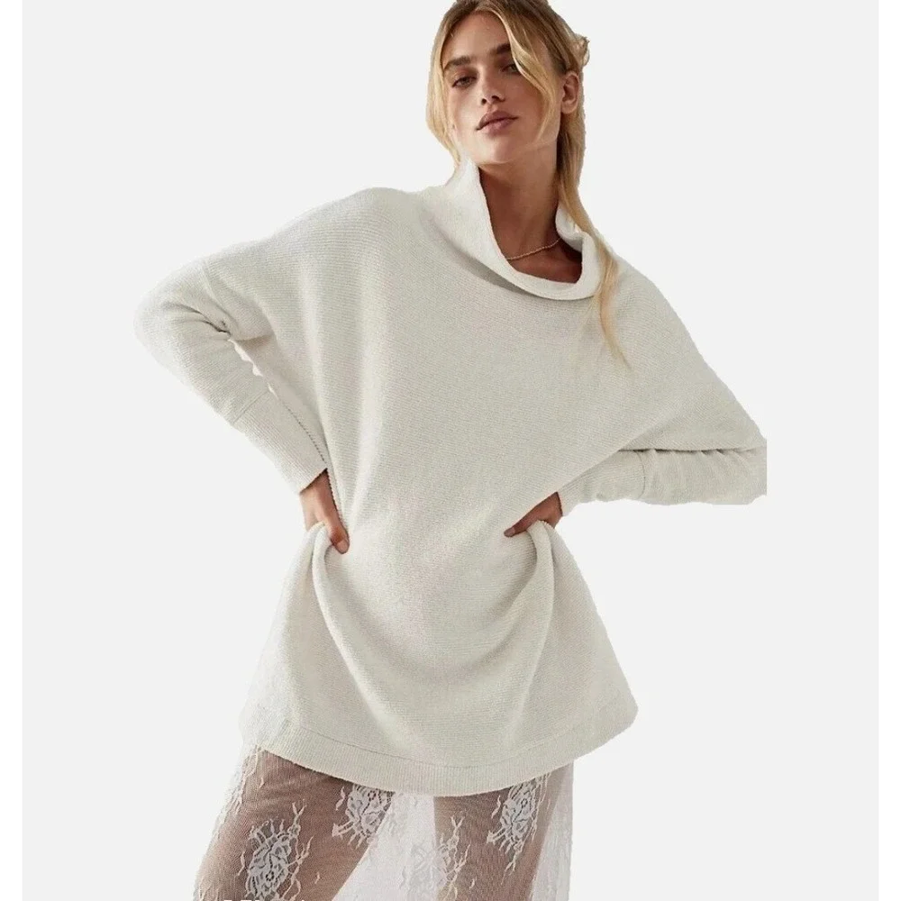 Free People Ribbed Cowl‎ Neck Oversized Sweater Lagenlook Boho Chic Tunic Size L